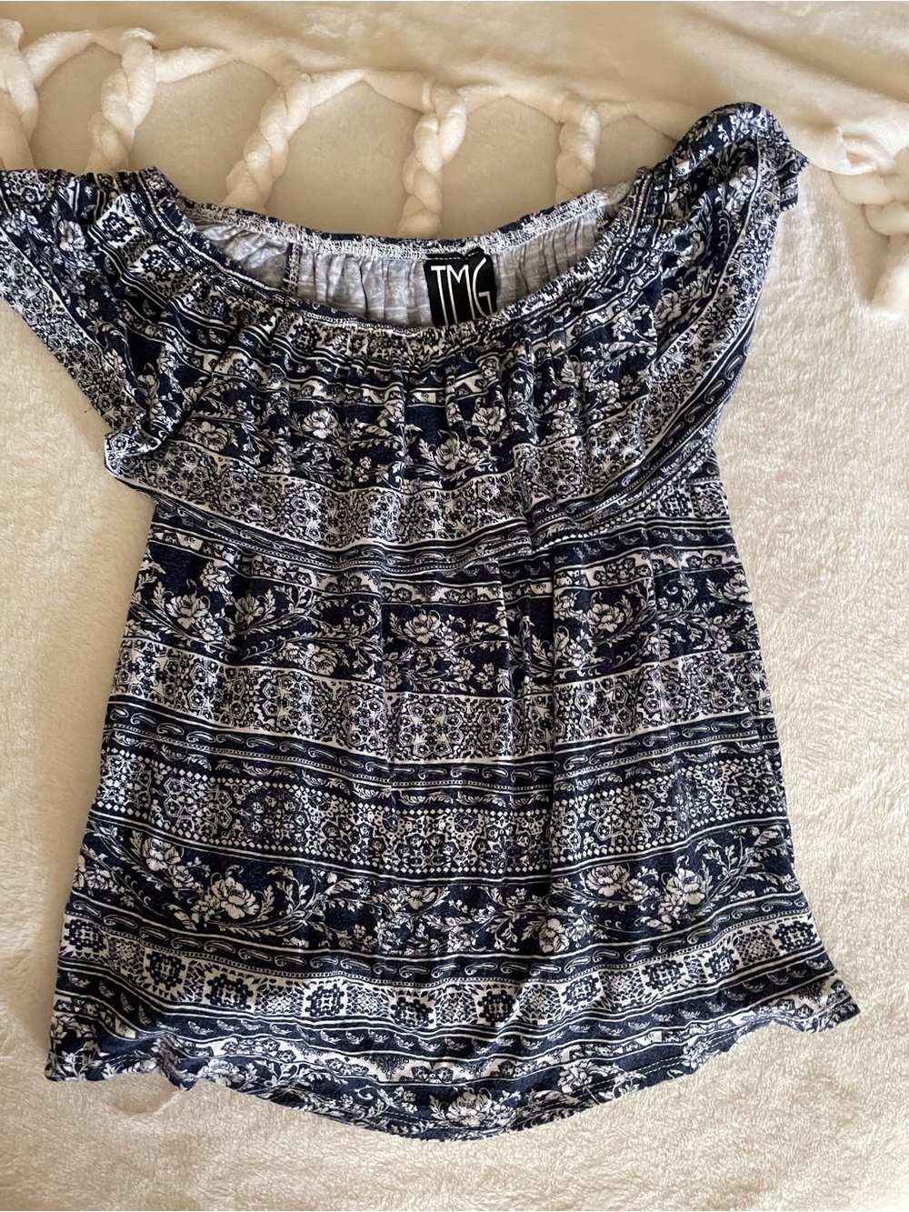 TMG Navy & White Off-Shoulder Floral Peasant Blouse